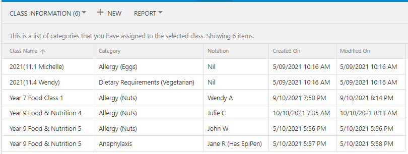 Class Information: Export Report