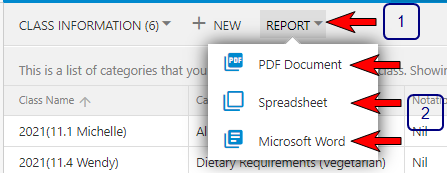 Class Information: Export Report