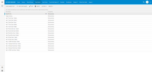 My Recipe Manager Class Names